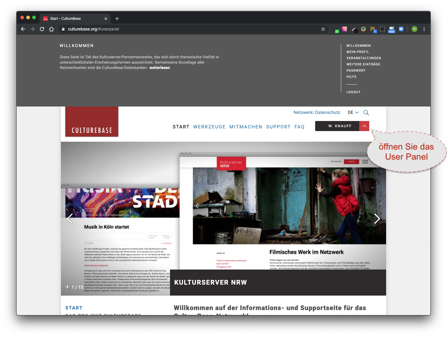 3. Passwort erneuern - öffnen Sie das UserPanel | 2019 Kulturserver