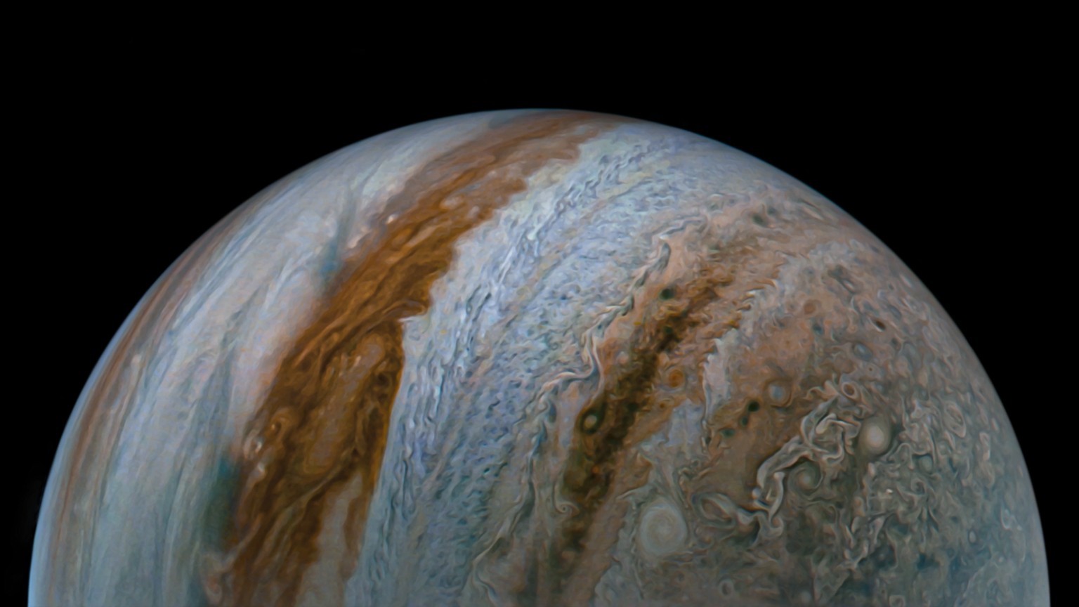 Die komplexe Struktur der Wolkenbänder des Jupiter, gesehen von der Raumsonde Juno