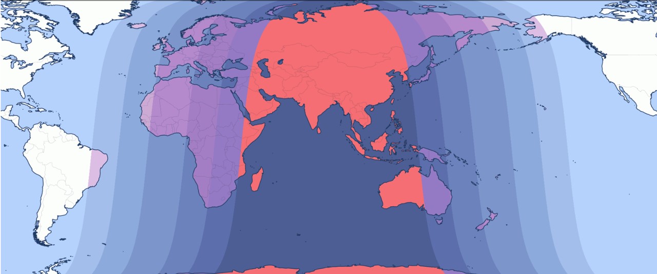 Die globale Sichtbarkeit der Mondfinsternis. Nur im hellroten Gebiet ist sie ganz zu sehen. | erzeugt mit timeanddate.com