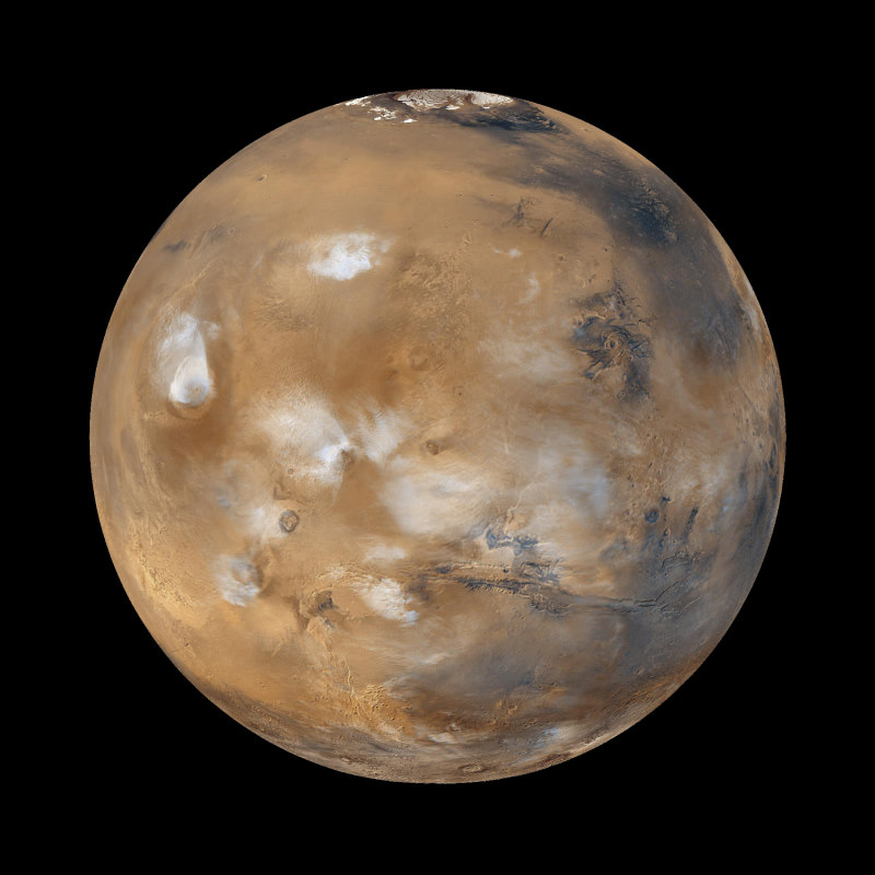 Der Mars mit seinen Polkappen und Wolken über den höchsten Bergen | NASA, frei verwendbar
